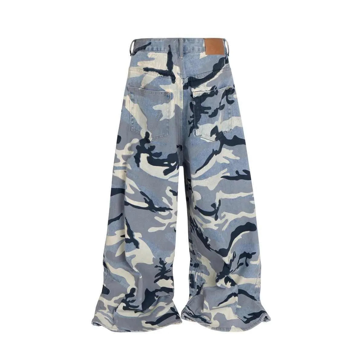 Snow camouflage blue loose-fit jeans with a mid-waist, shown flat.