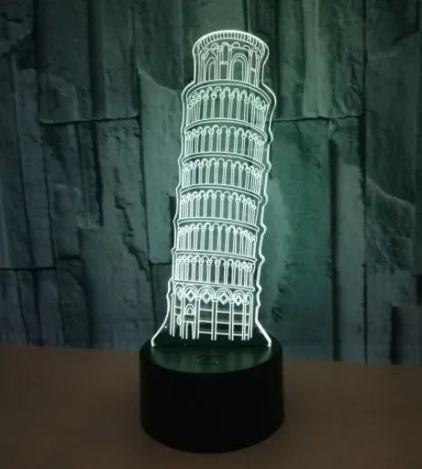3D acrylic Leaning Tower of Pisa LED nightlight with seven colour options on black base