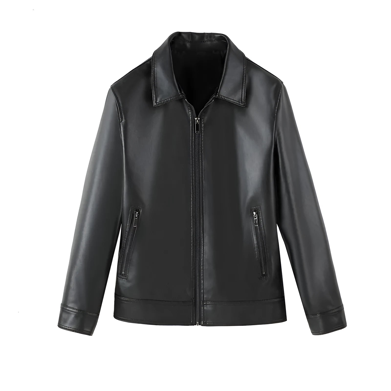 Men's black loose fit PU leather casual jacket with zip and pockets