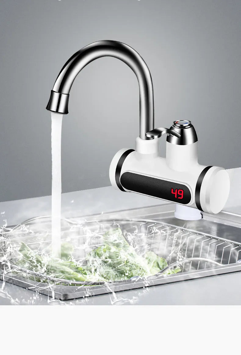White electric instant water heater with digital temperature display for kitchen installation