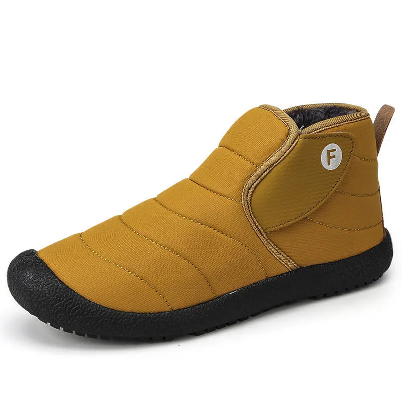 Men's waterproof cotton snow boots with non-slip soles and plush lining in black, blue, green, yellow.