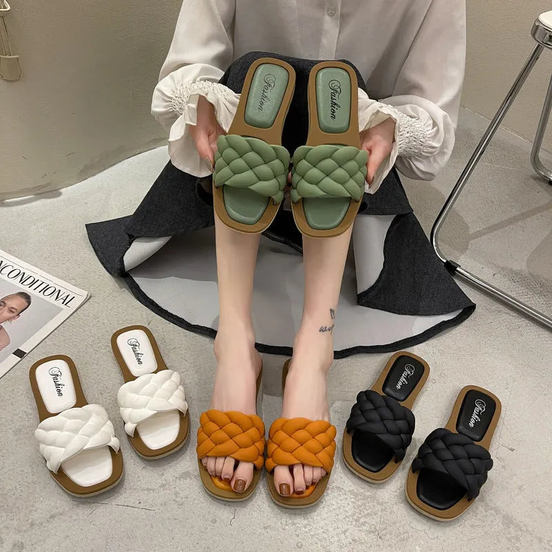 Women's plaid pattern beach sandals with thick PVC soles in black, green, orange or white colours