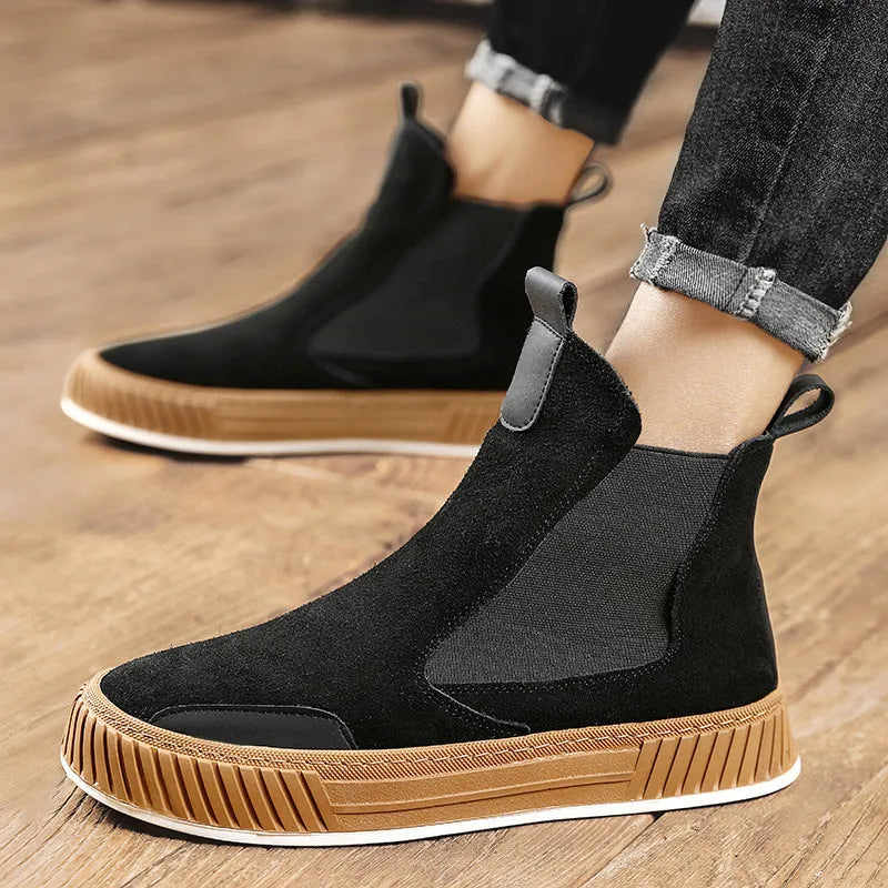 Thick bottom work shoes youth booties in black with PVC sole and front lace-up design