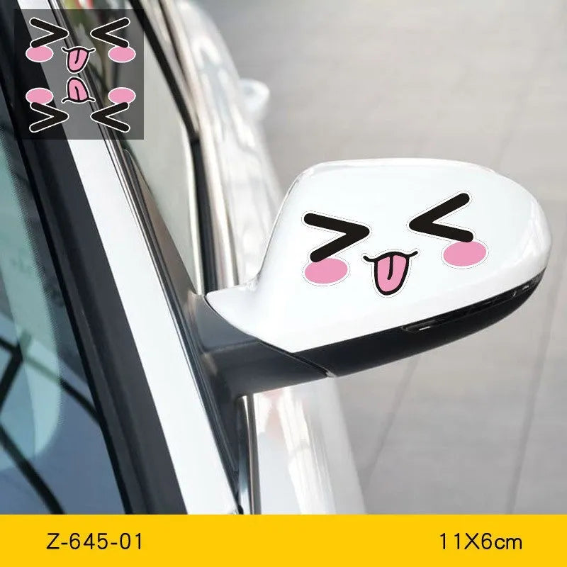 Pair of reflective cartoon car vinyl stickers featuring cute eye designs, for application on vehicle body or mirror.