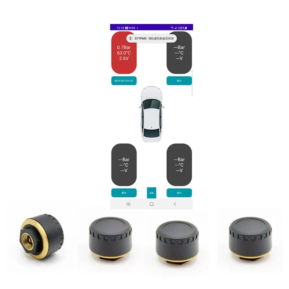 Four black Bluetooth tyre pressure sensor caps for car with mobile phone display