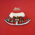 Pet festive scarf for cats and dogs in multiple sizes with snowflake bell and ball patterns on red and blue backgrounds