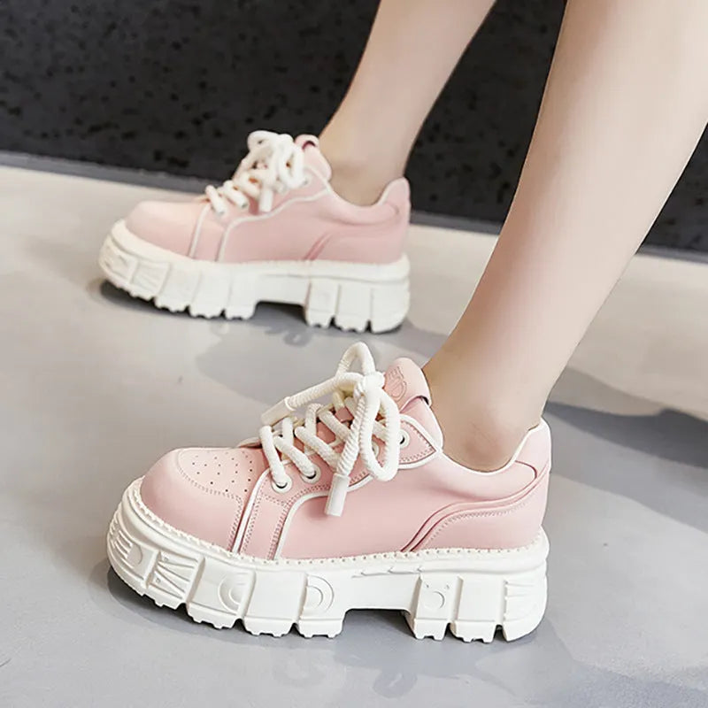 Beige and pink spring casual leather shoes with muffin-bottom soles for height increase