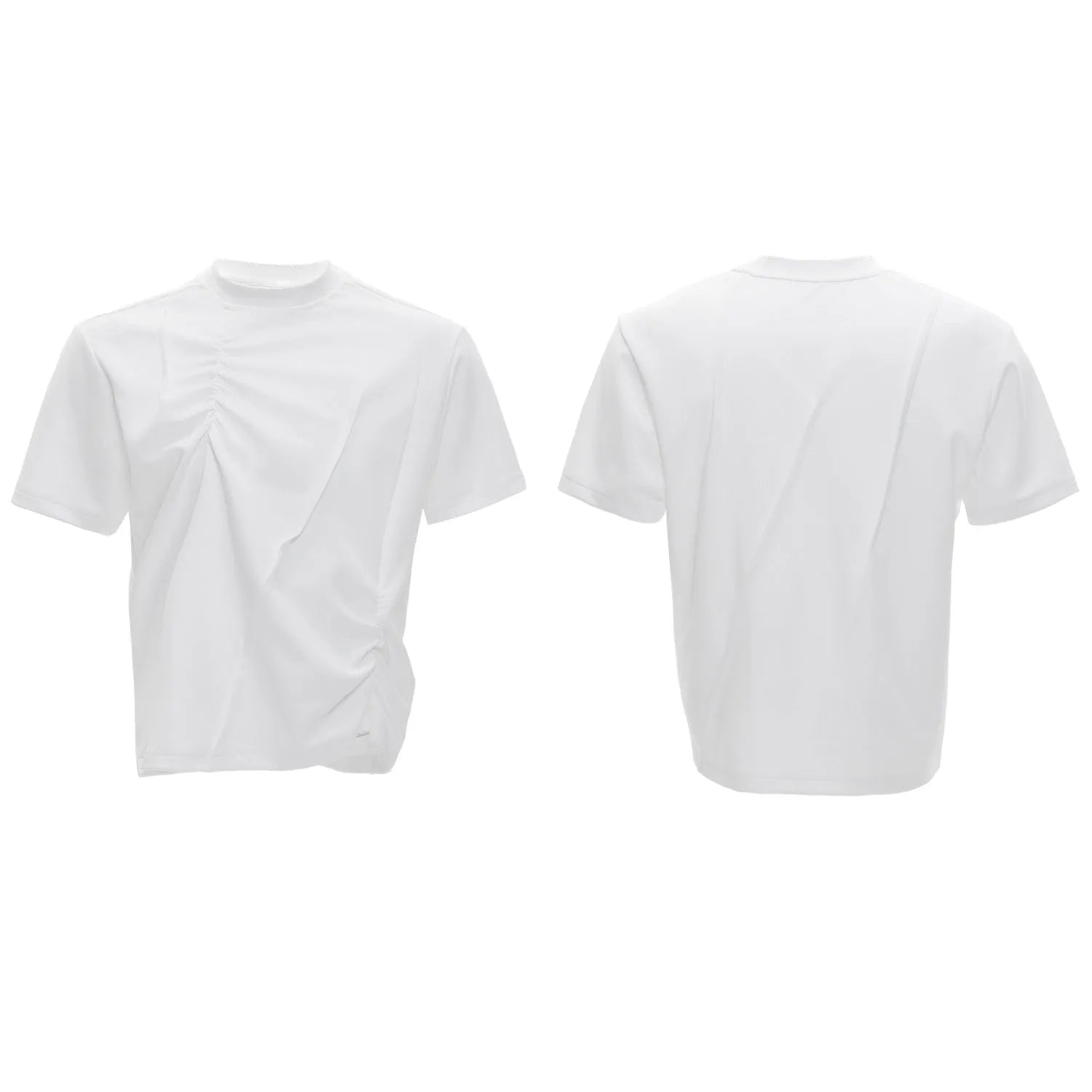 Man wearing a loose grey cotton T-shirt with three-dimensional pleated detailing on the front.