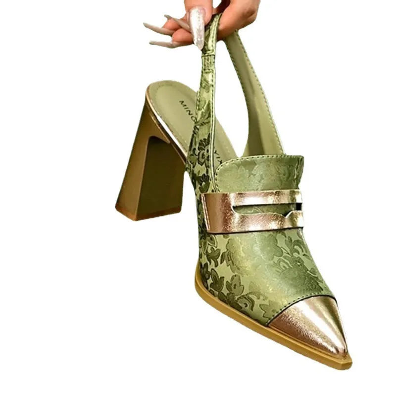 Women's black Korean-style sandals with chunky heel, pointed toe, and high ankle strap with elastic band.