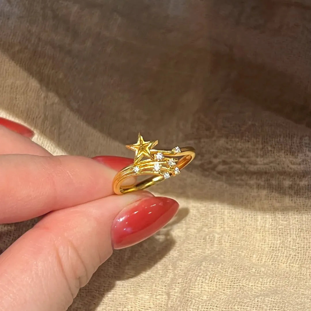 Broken Flame Xingtu ring for women, copper zircon, star shape with meteor shower details