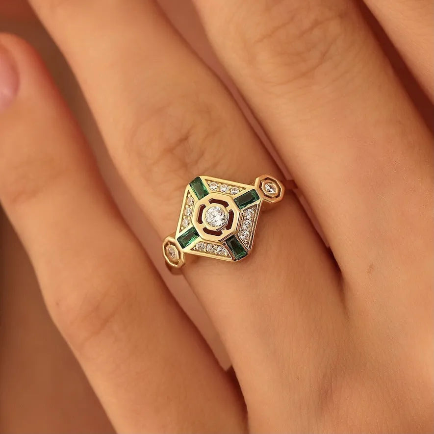 Square-cut ins-style women's fashion ring in lvzuan colour on a plain background.