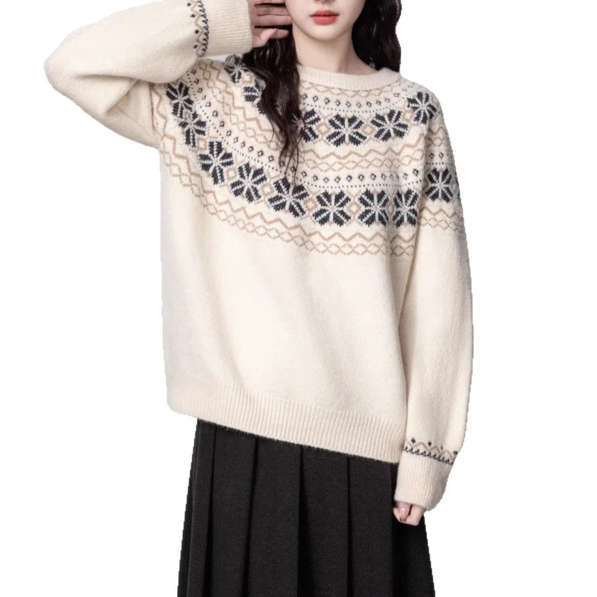 Women's milky white fair isle pullover sweater with geometric pattern, crew neck and long sleeves