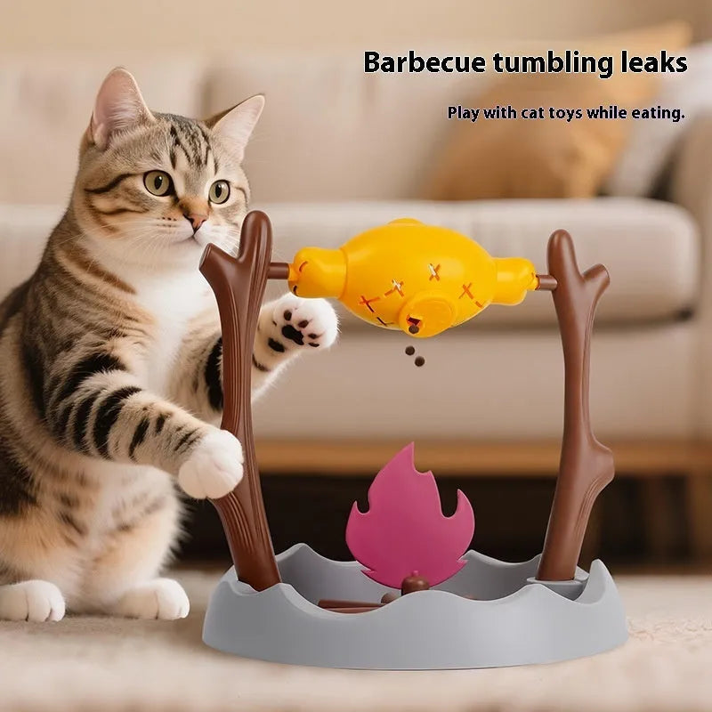 Barbecue-style tumbling cat toy and treat feeder, showing dimensions of 30x30x29cm.