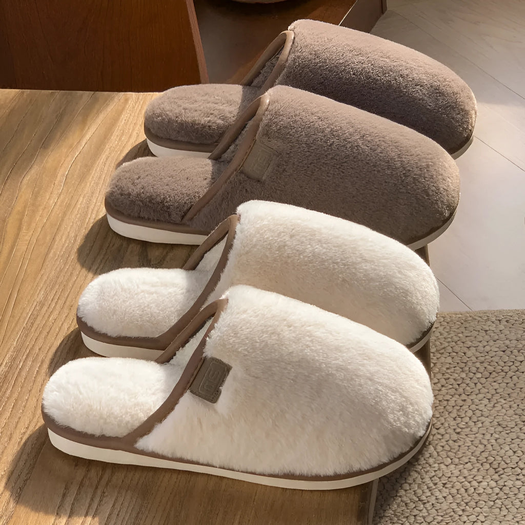 Solid colour plush winter slippers with non-slip PVC soles in blue, brown, coffee, pink or white