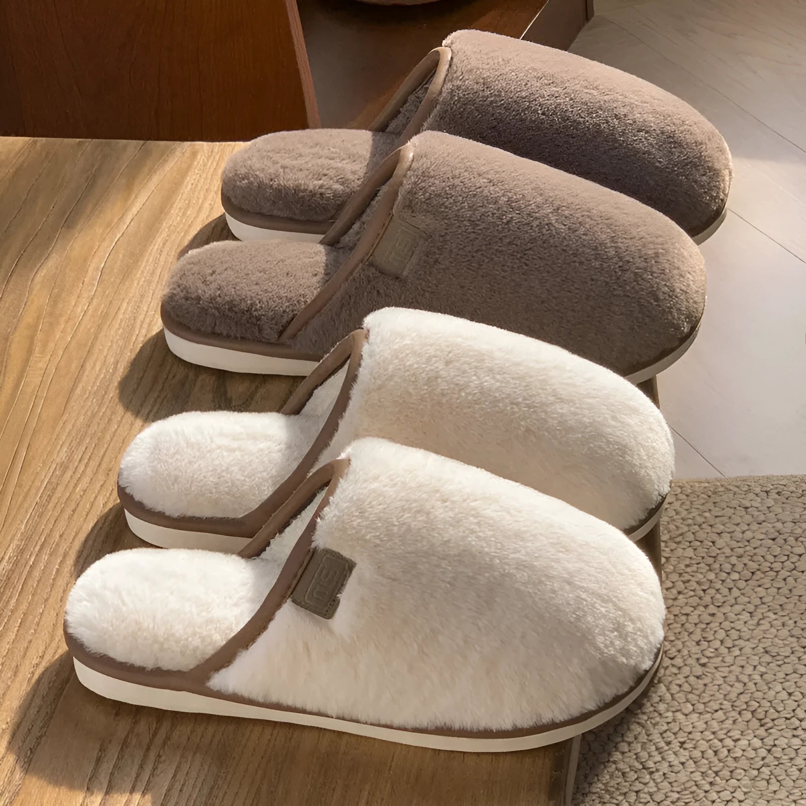 Solid colour plush winter slippers with non-slip PVC soles in blue, brown, coffee, pink or white