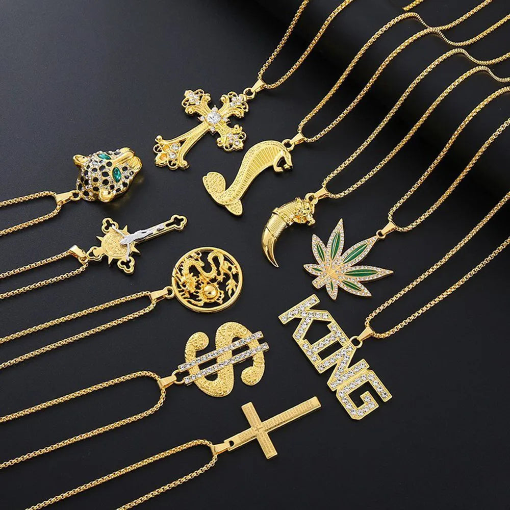 Geometric gold-colour alloy pendant necklace with an inlaid zircon stone centrepiece.