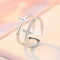Adjustable double cross women's ring with zircon gemstones in copper band with electroplated finish