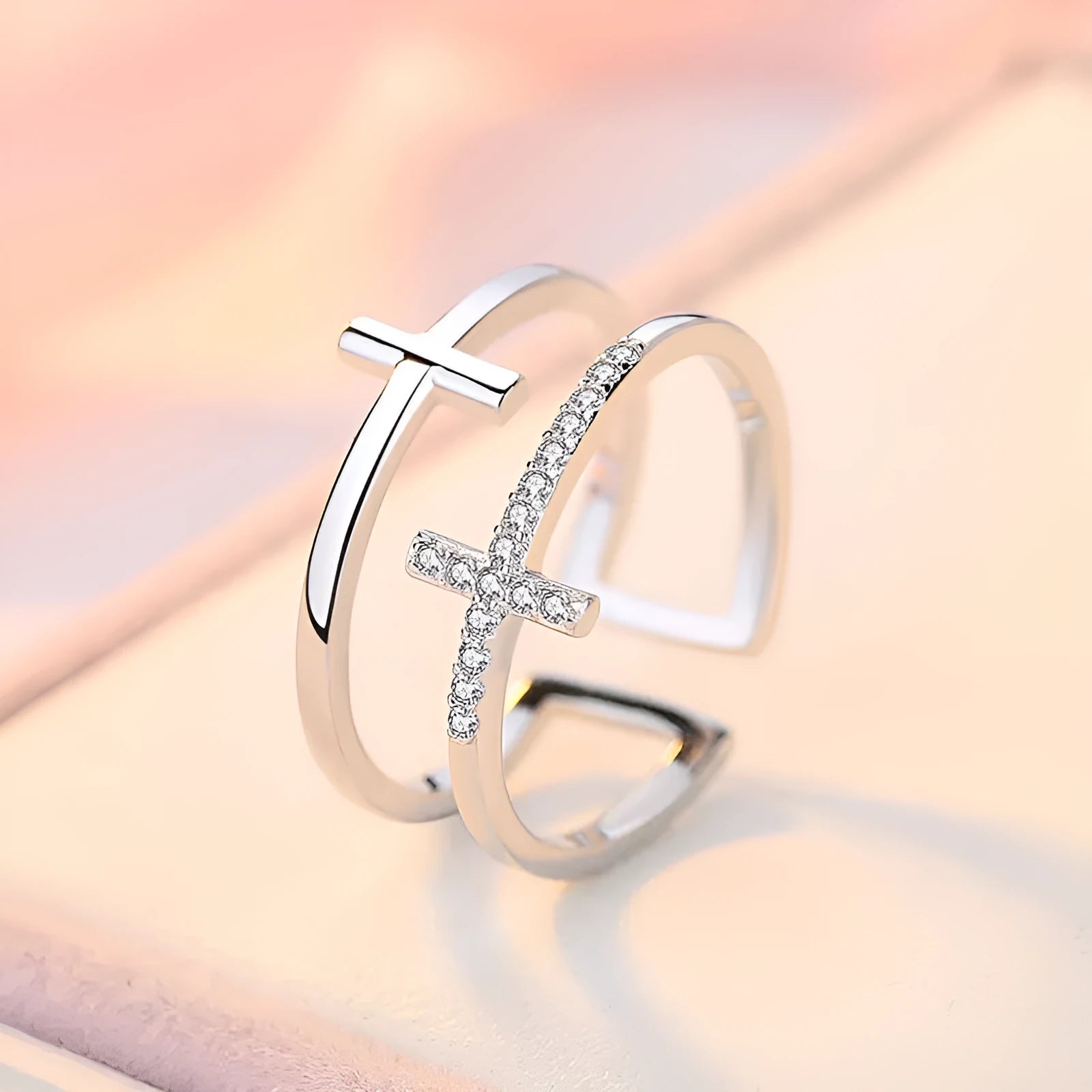 Adjustable double cross women's ring with zircon gemstones in copper band with electroplated finish