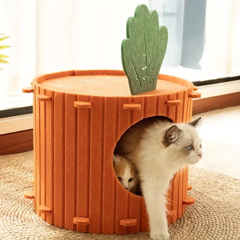 Carrot-orange semi-enclosed felt cat tunnel nest for play and sleeping.