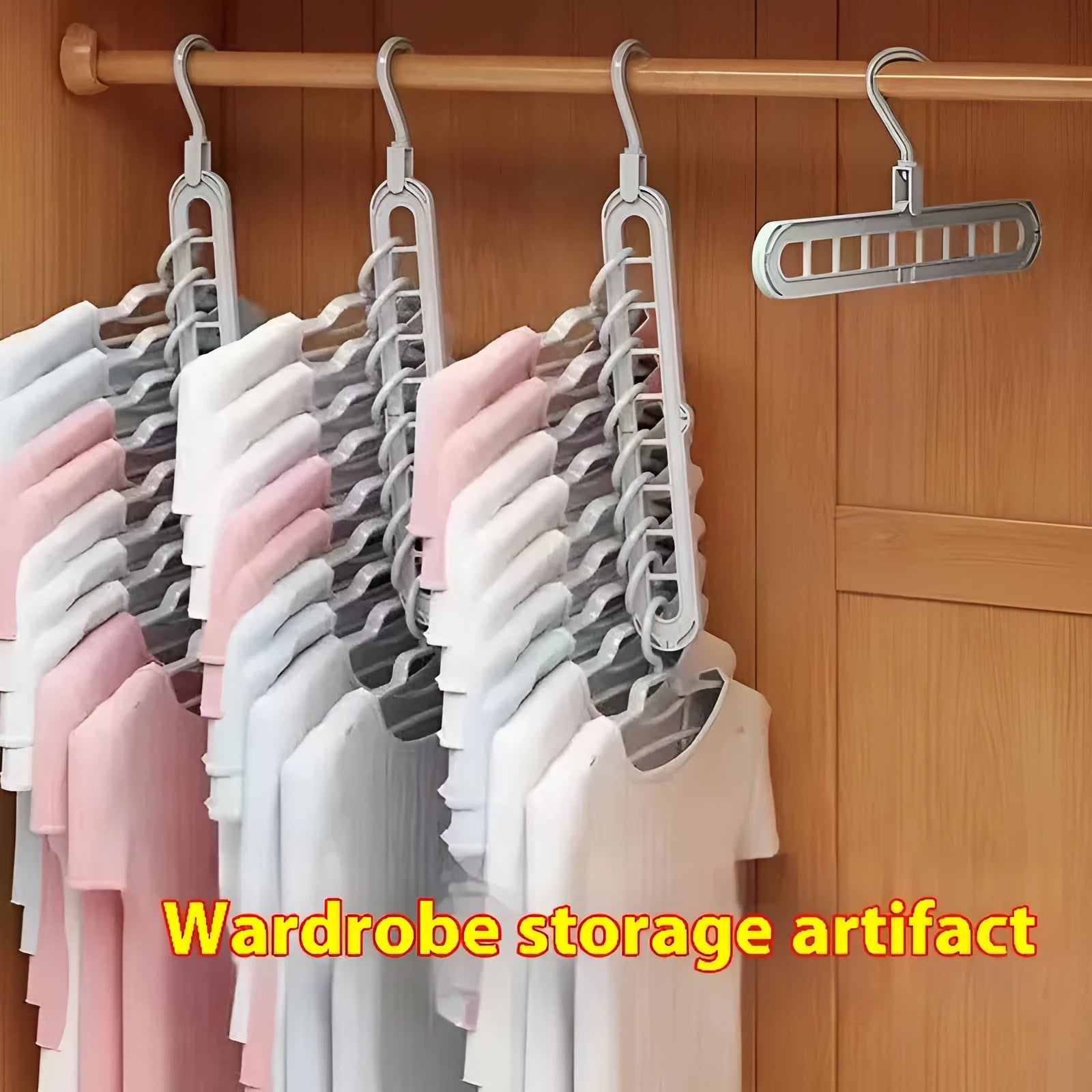 Nine-hole plastic folding pant hanger shown in beige, blue, gray, green, and pink colour options
