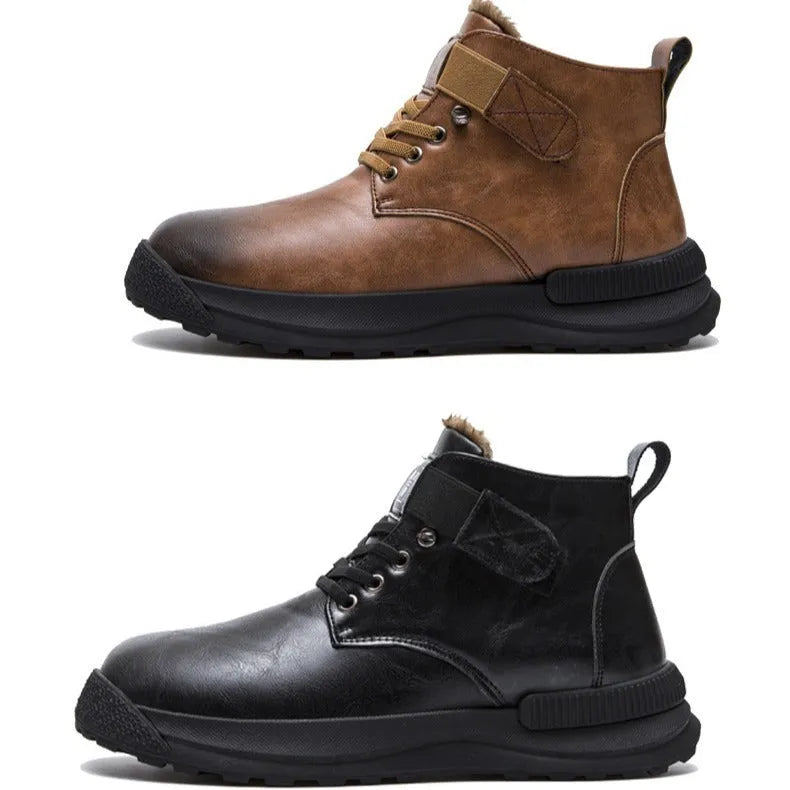 Men's high-top Martin boots in black with warm velvet lining, rubber sole, and visible sewing thread details.