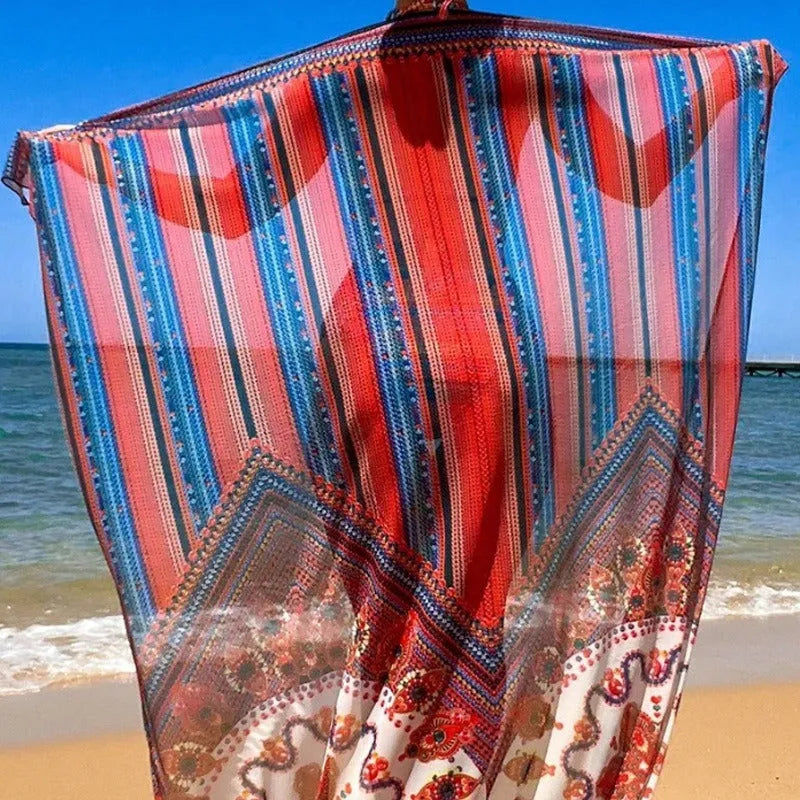 Women's three-piece swimsuit set with cutout blouse, high-waist briefs, and matching beach coat