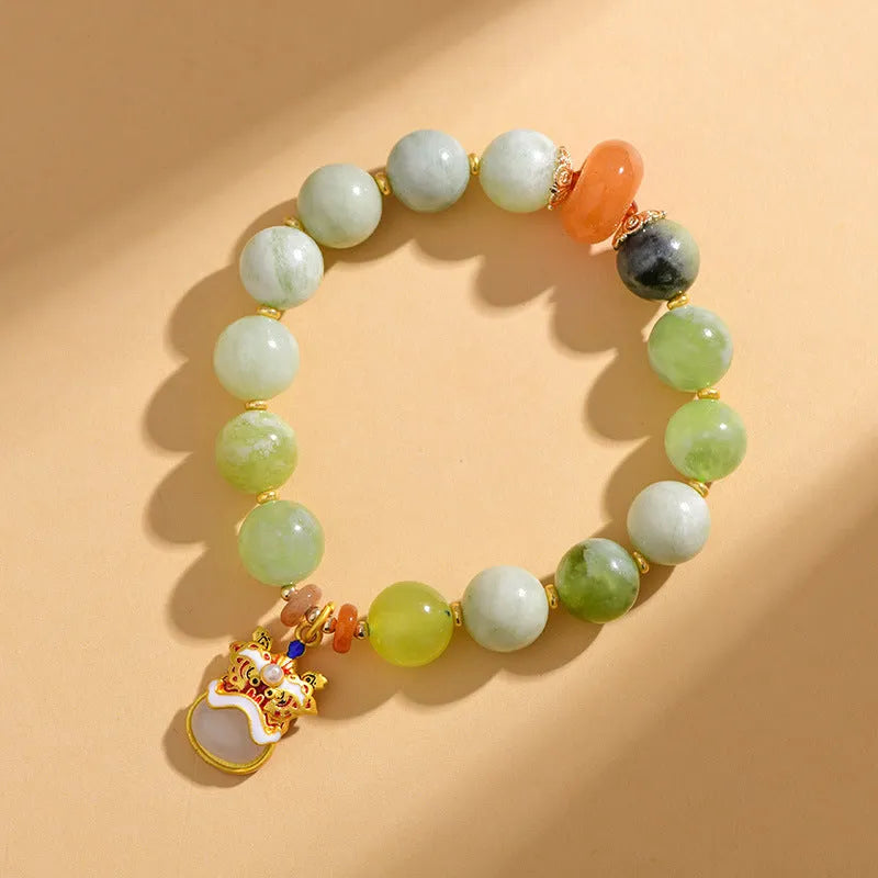 Green milk-in-water jade bracelet with 10mm geometric beads in retro style