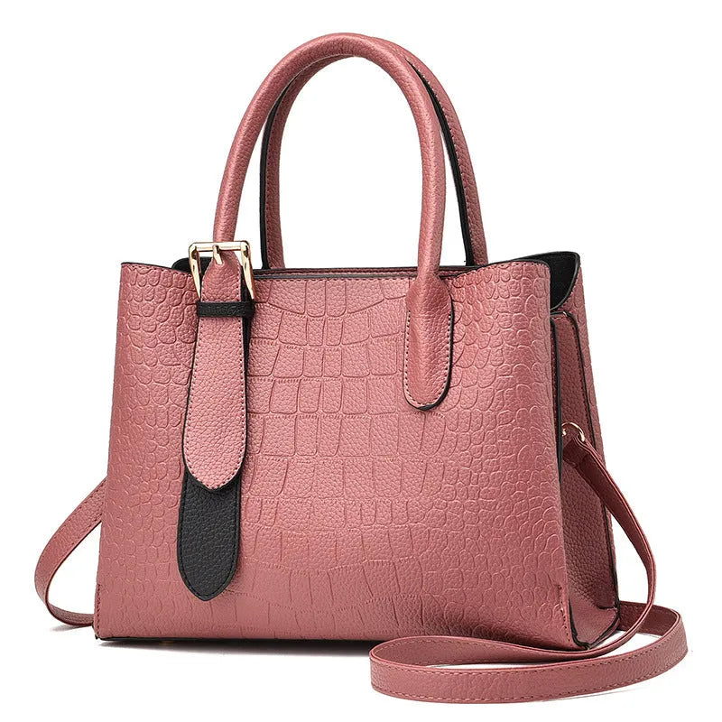 Urban simple shoulder messenger bag for women with crocodile pattern, square vertical shape, black PU leather, multiple compartments