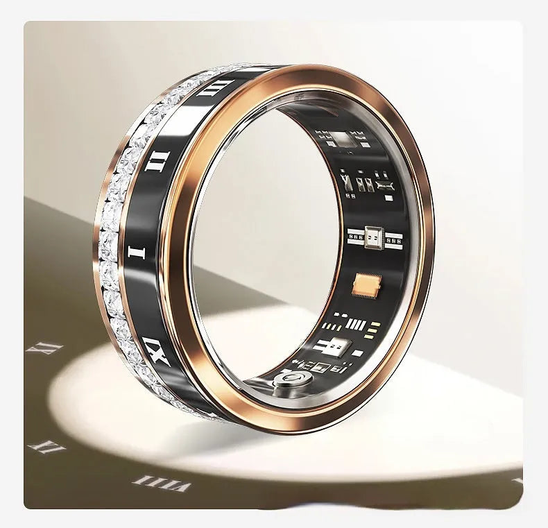 Gold and silver diamond inlaid smart ring for health tracking on a finger.