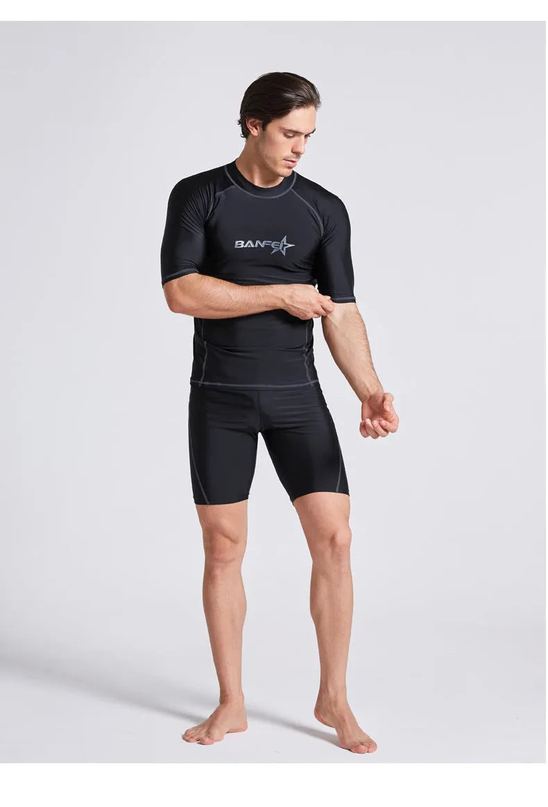 Men's blue quick-drying nylon swim set with half-sleeve top and matching swim pants on a mannequin.