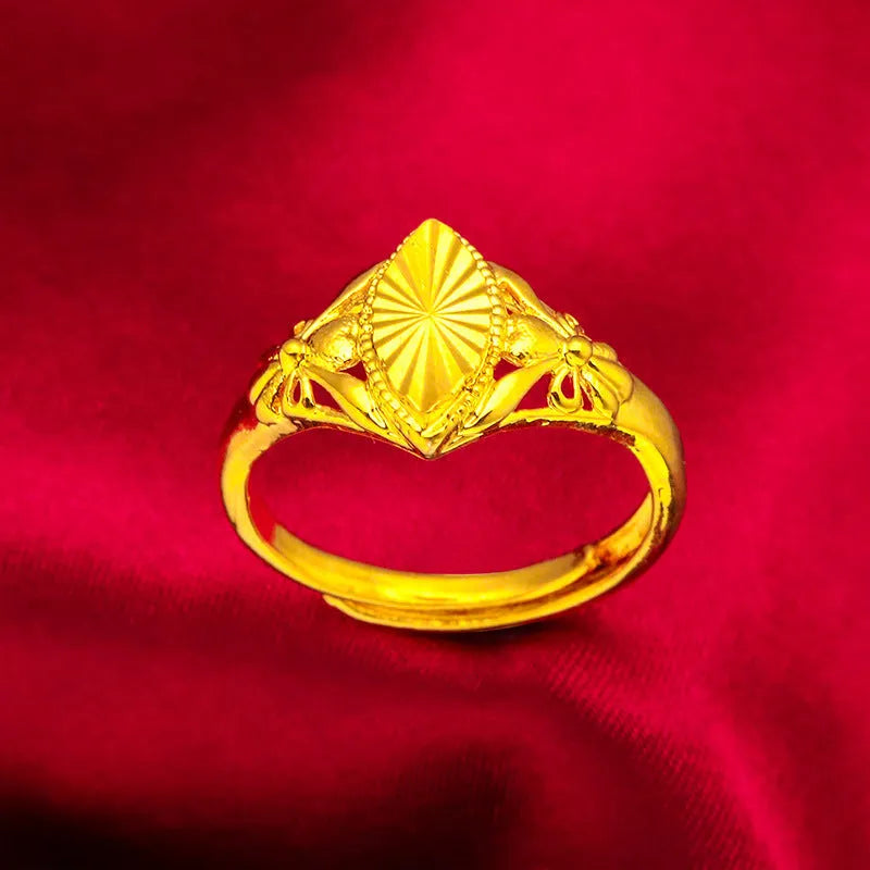 Gold electroplated open diamond flower ring with geometric design and textured surface