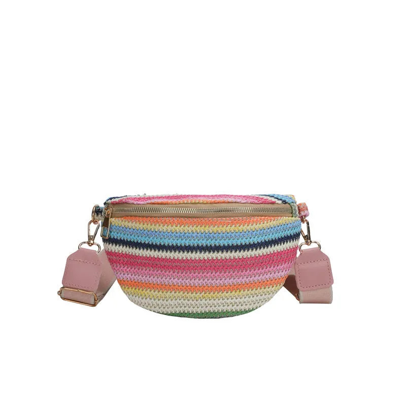 Straw woven women's shoulder bag in shell shape with adjustable single strap