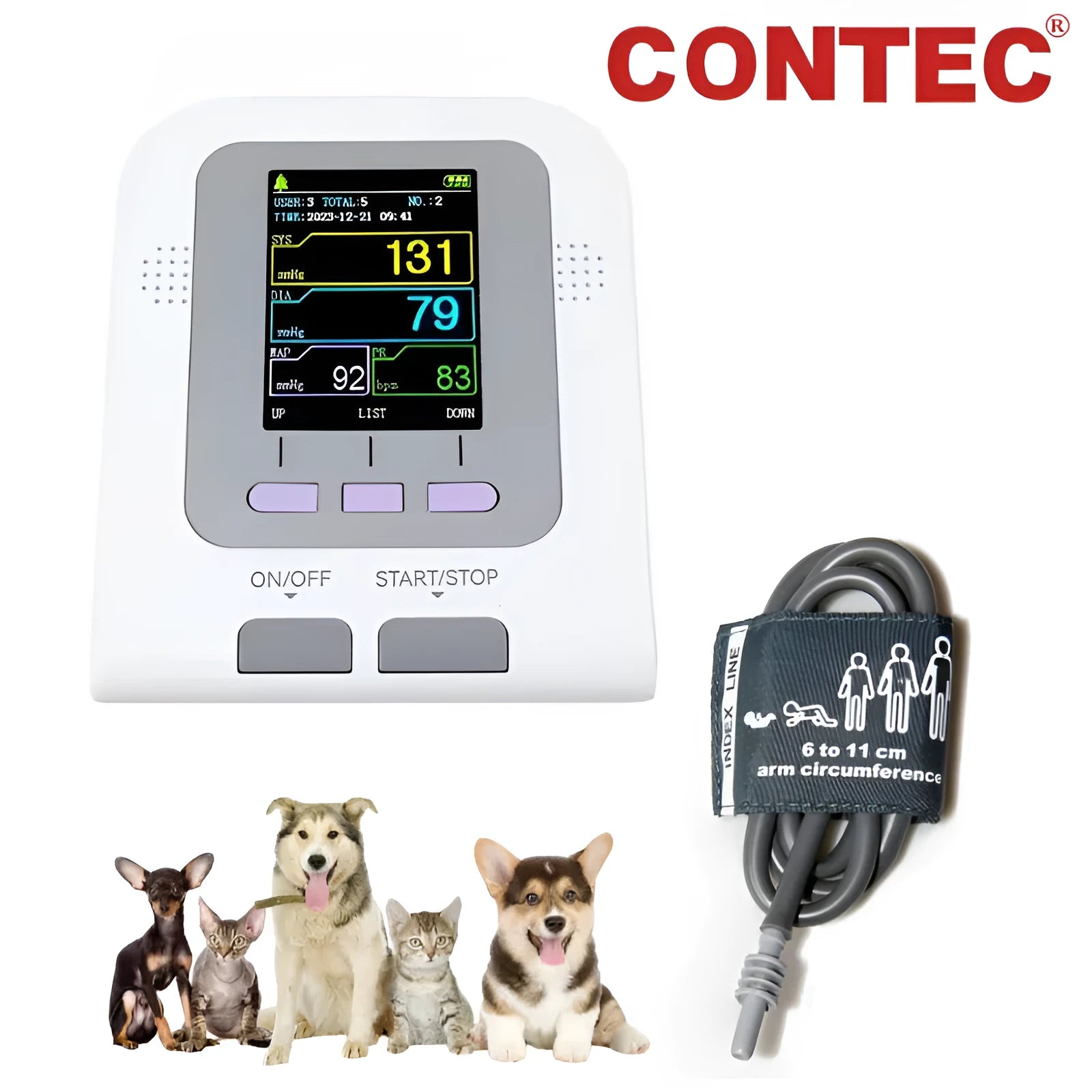 CONTEC08AVET veterinary digital blood pressure monitor with colour screen and animal cuff.