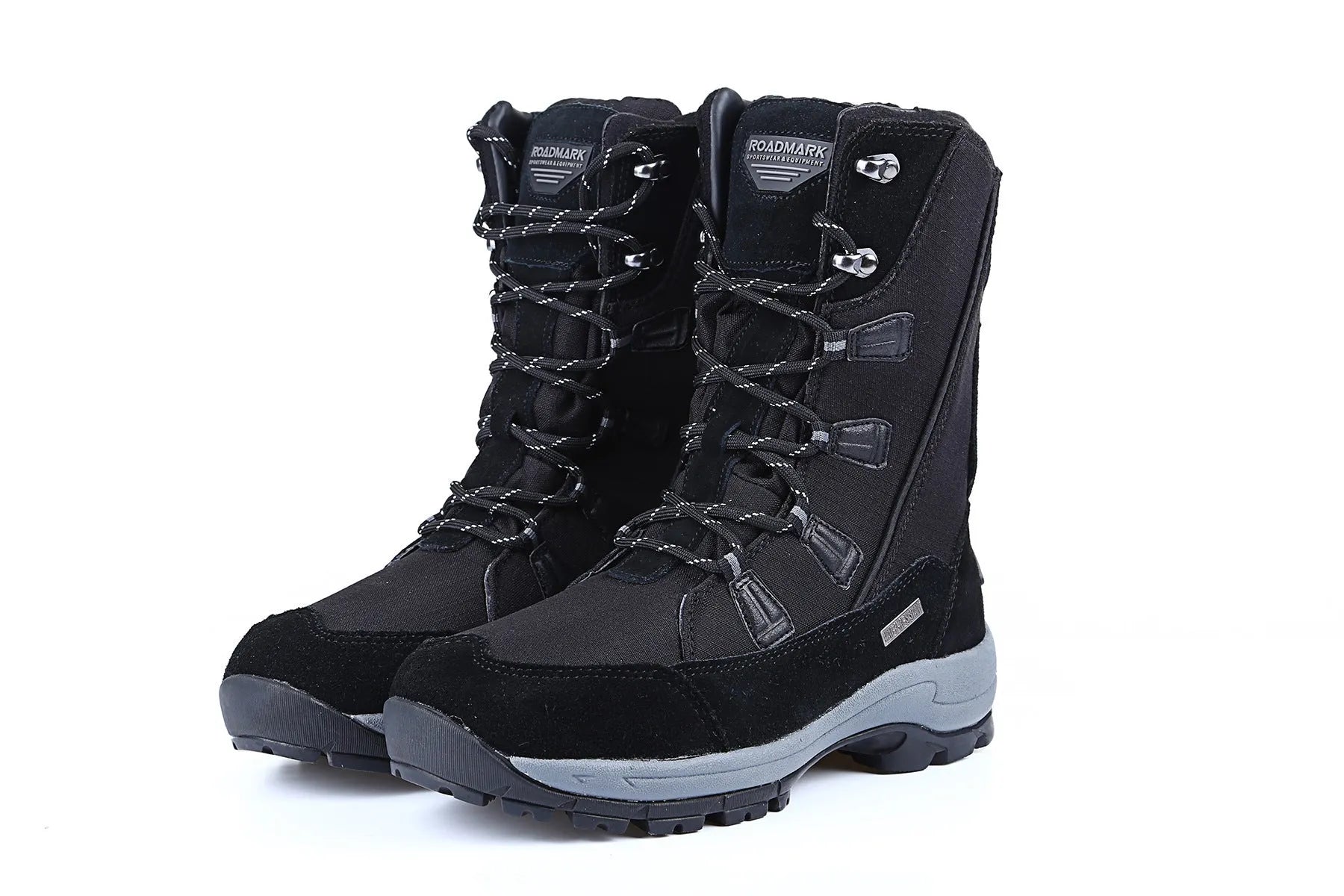 Women's mid-calf thermal snow boots in black with round toe and genuine leather upper