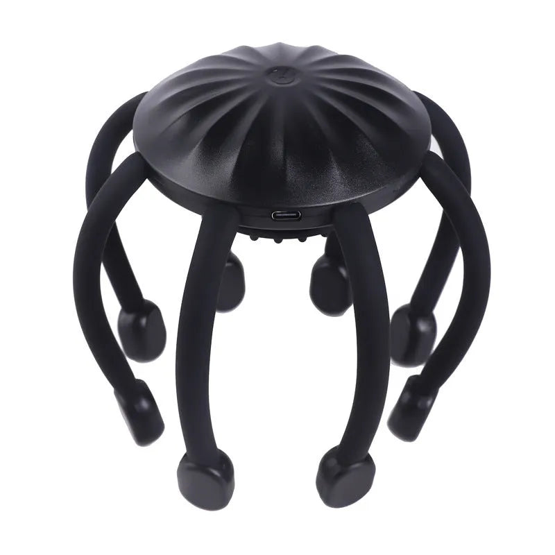 Black USB-powered electric head massager with multiple vibrating claws on scalp
