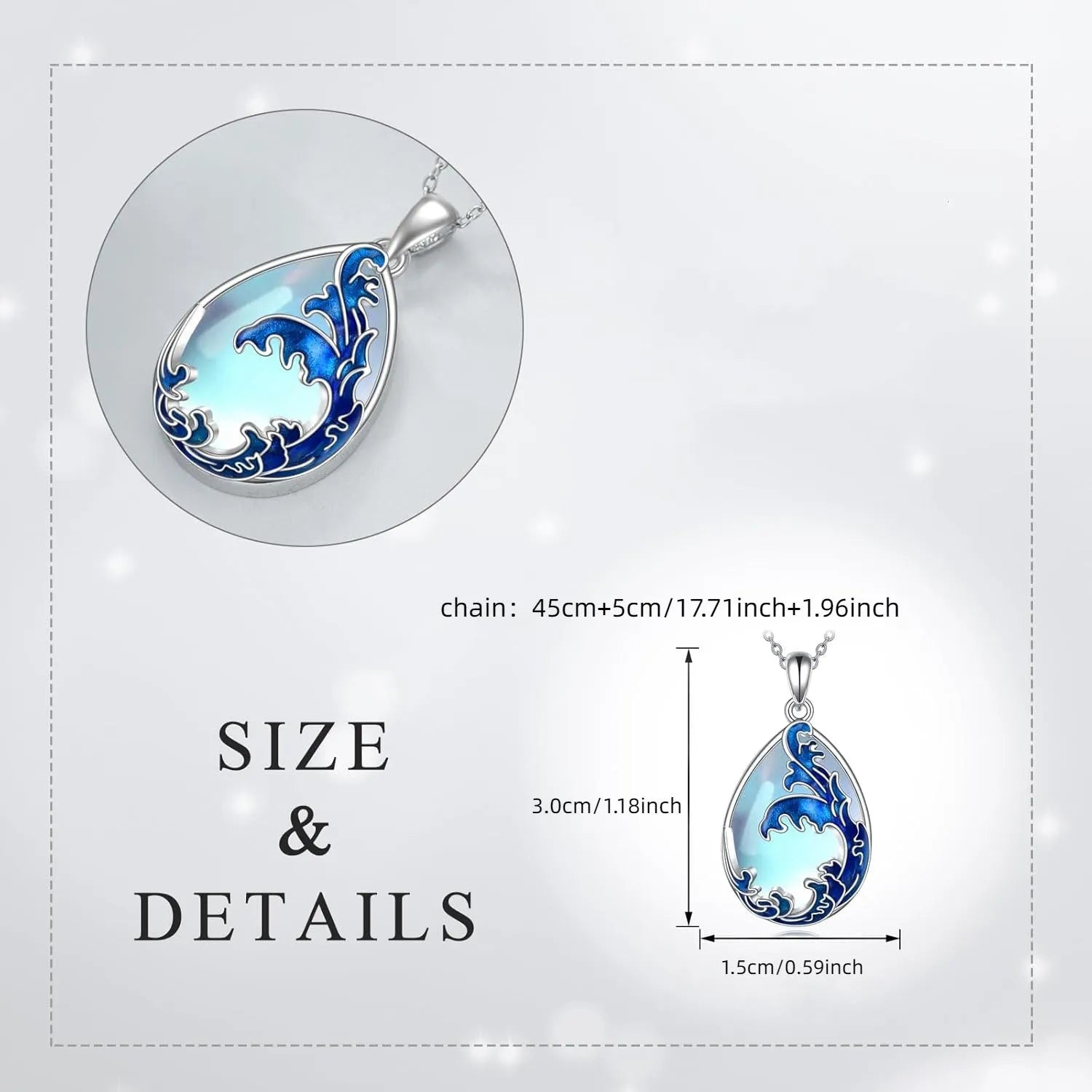Blue alloy pendant necklace with heart design elements on included chain