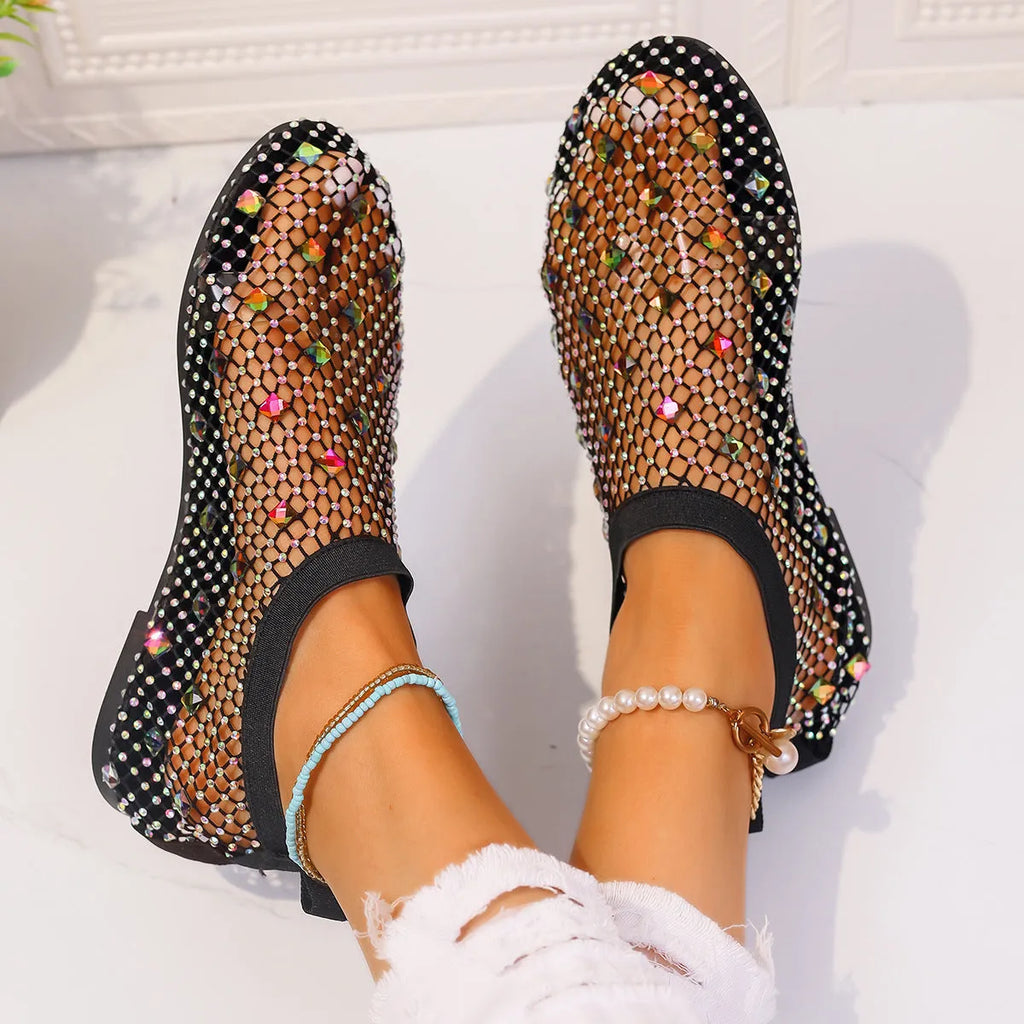 Women's colourful mesh flat sandals with rhinestone decoration and round toe design
