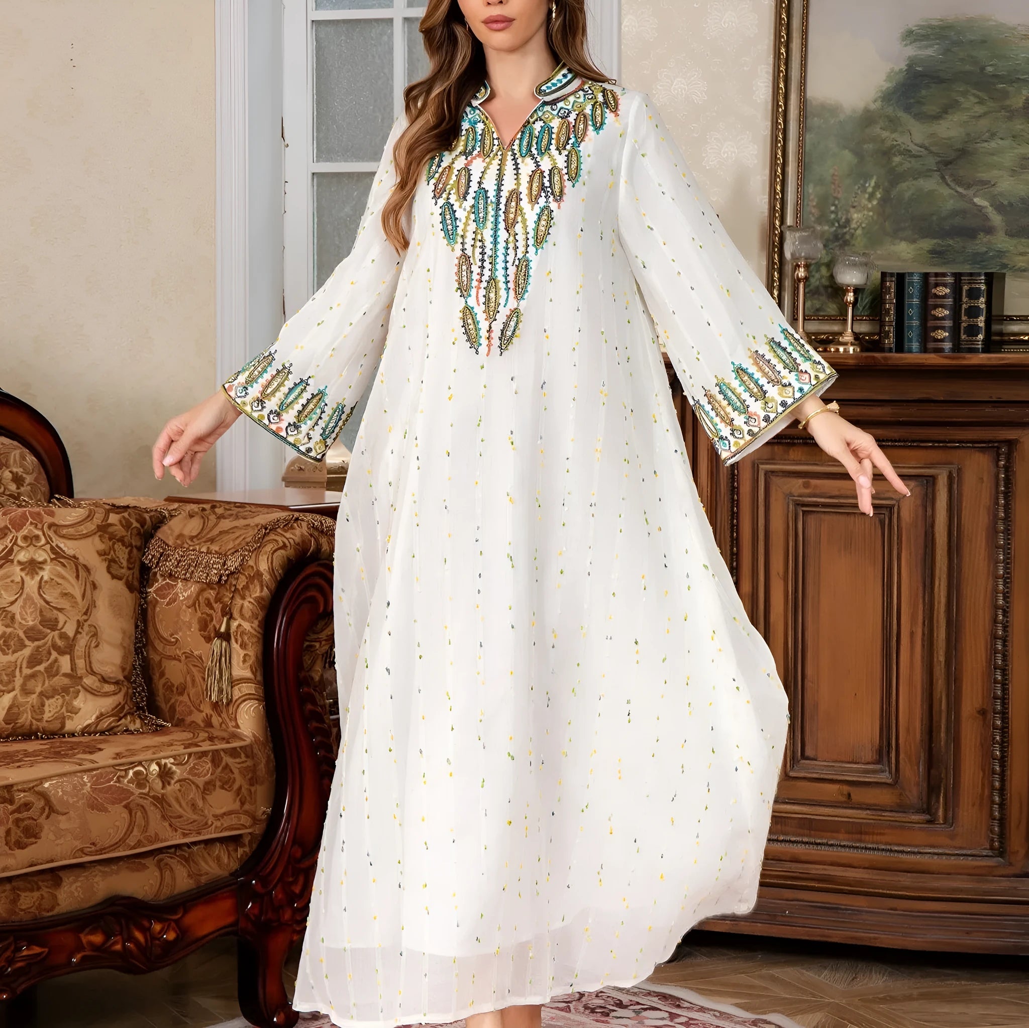 White full-length women's Arabic polyester kaftan robe with long sleeves