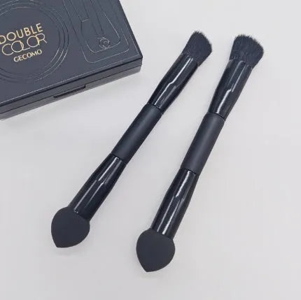 Double-headed miter sponge concealer brush with wooden handle and black artificial fibers