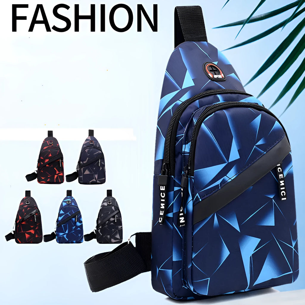 Blue print sling chest bag for men with crossbody strap and visible earphone hole