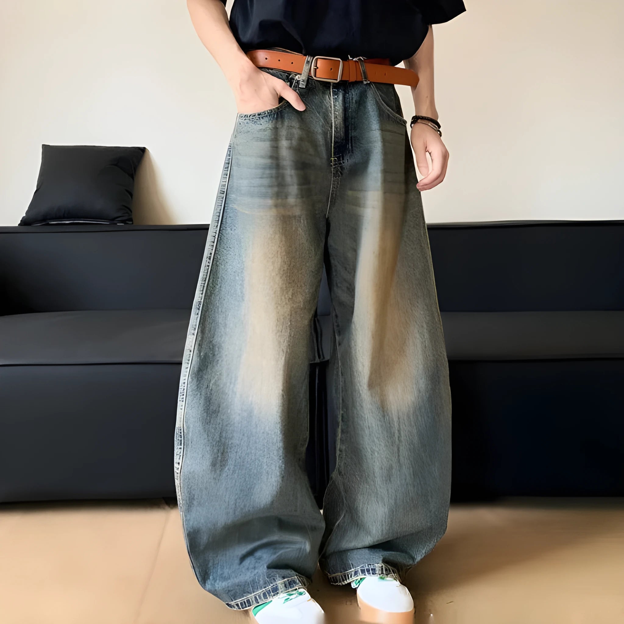 Men's retro blue distressed denim jeans with slim wide-leg fit showing micro elasticity fabric