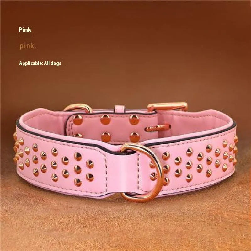 Leather dog collar with metal rivets in chocolate colour, shown alongside pink and black options.