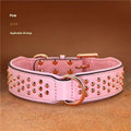 Leather dog collar with metal rivets in chocolate colour, shown alongside pink and black options.