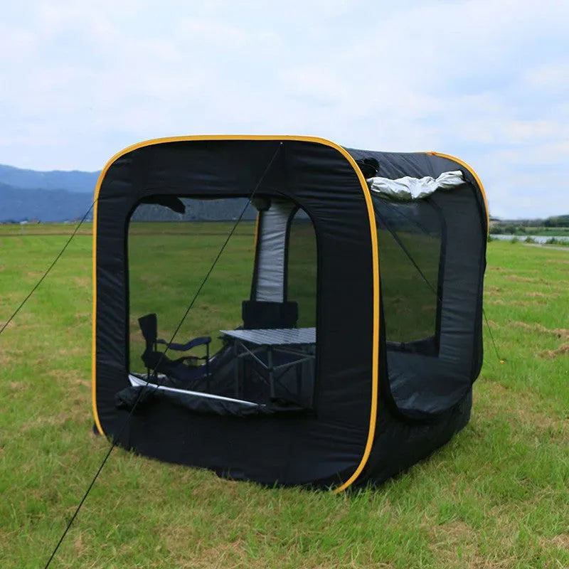 Black pop-up car tail tent unfolded to 200cm cube with quick-throw design and steel jackstays