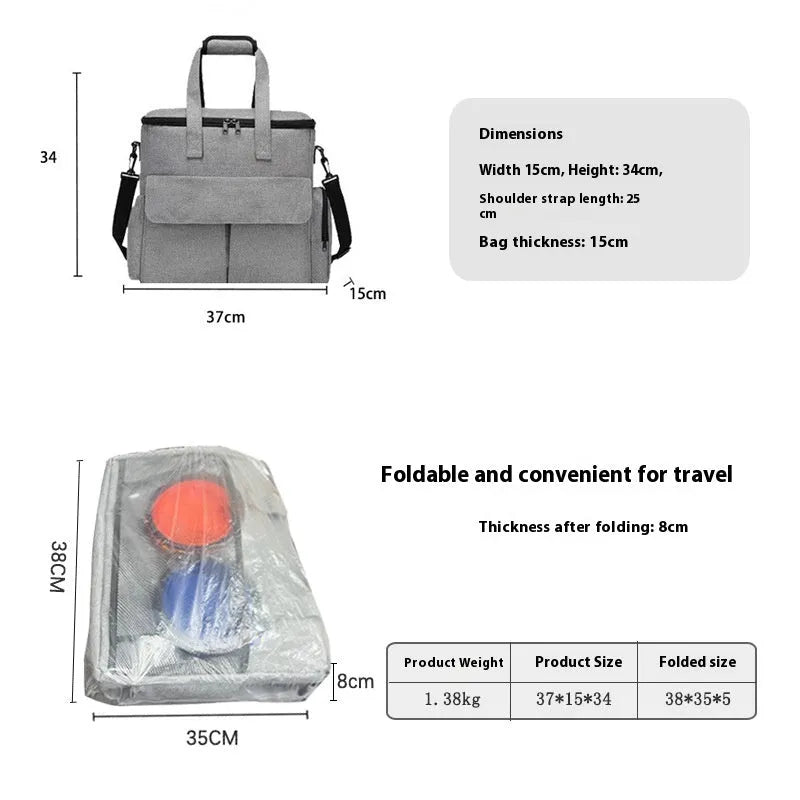 Grey dog travel backpack kit with removable divider and bonus training bag on a white background