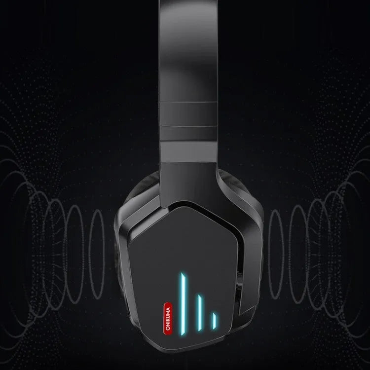 Luminous black wireless gaming headphones with head-mounted design and noise reduction features
