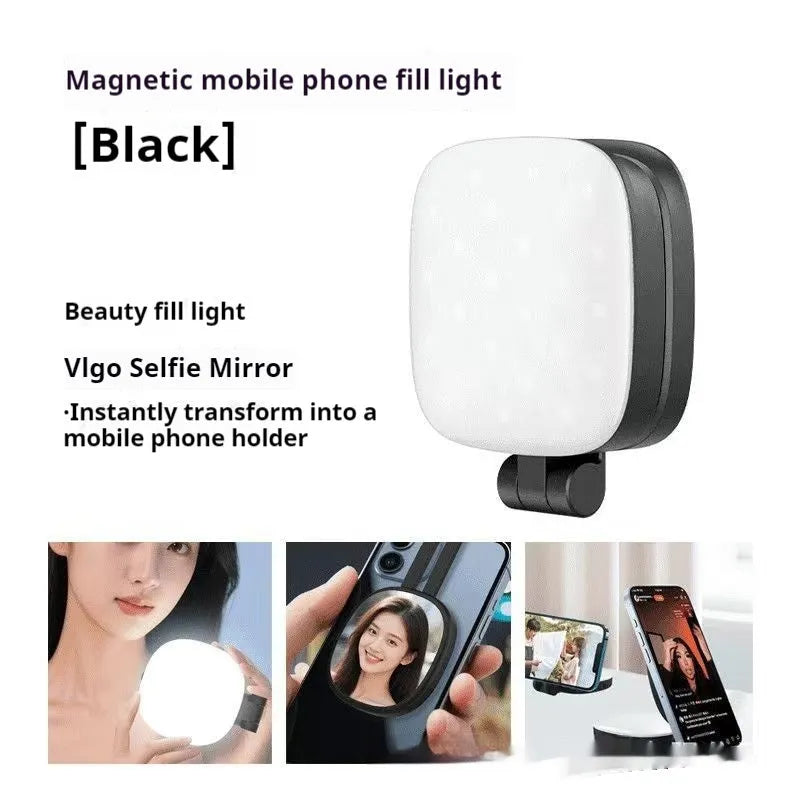 Black and white mobile phone magnetic fill light with three-colour temperature adjustment and variable phone holder
