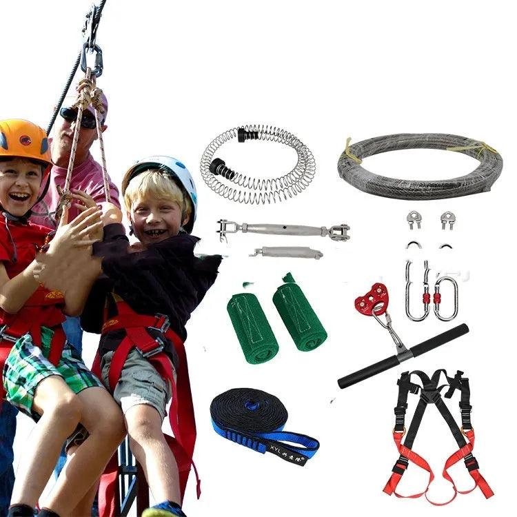 Outdoor pulley slide rope system with alloy steel components and 10 metre rope