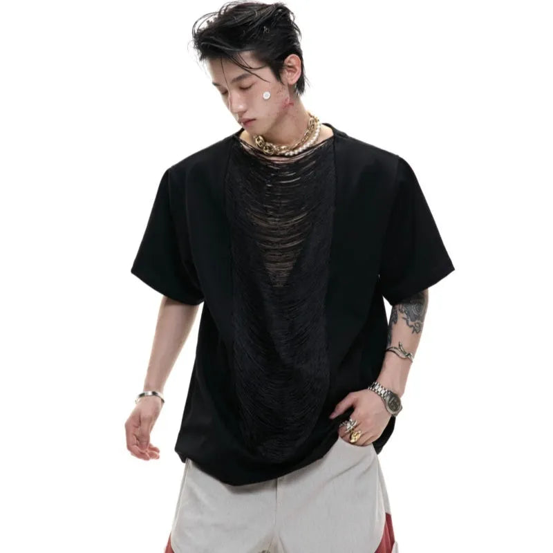 Drum black loose-fit men's V-neck short sleeve t-shirt with tassel detail on the collar.
