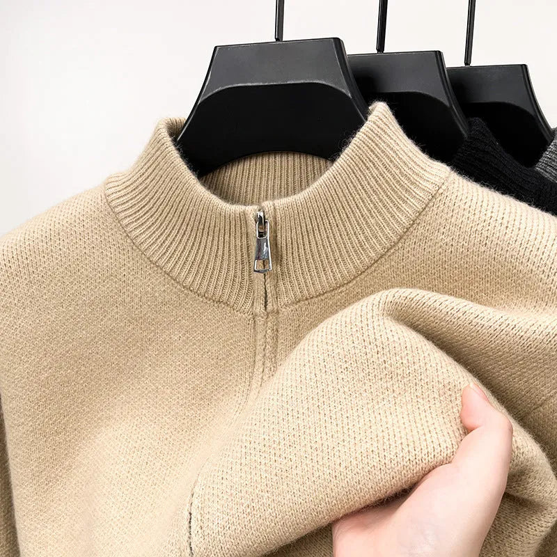 Men's stand collar knitted cardigan with front zipper in loose fit casual style